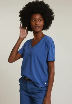 New River Woods Blauwe basic V-hals T-shirt korte mouwen -