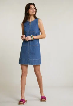 Online River Woods Blauwe denim V-hals jurk 2 zakken -