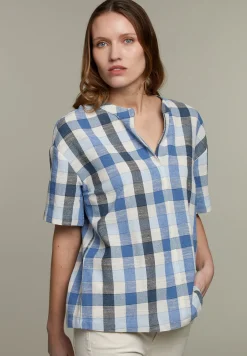 Best River Woods Blauwe geruite blouse met V-hals -