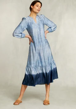 Fashion River Woods Blauwe lange tie-dye jurk met ruches -