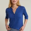 Sale River Woods Blauwe linnen V-hals T-shirt met zak -