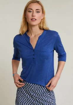 Sale River Woods Blauwe linnen V-hals T-shirt met zak -