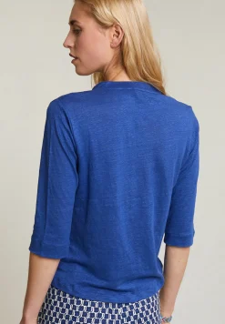 Sale River Woods Blauwe linnen V-hals T-shirt met zak -