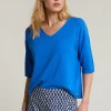 New River Woods Blauwe V-hals viscose trui korte mouwen -
