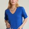 New River Woods Blauwe V-hals viscose trui korte mouwen -