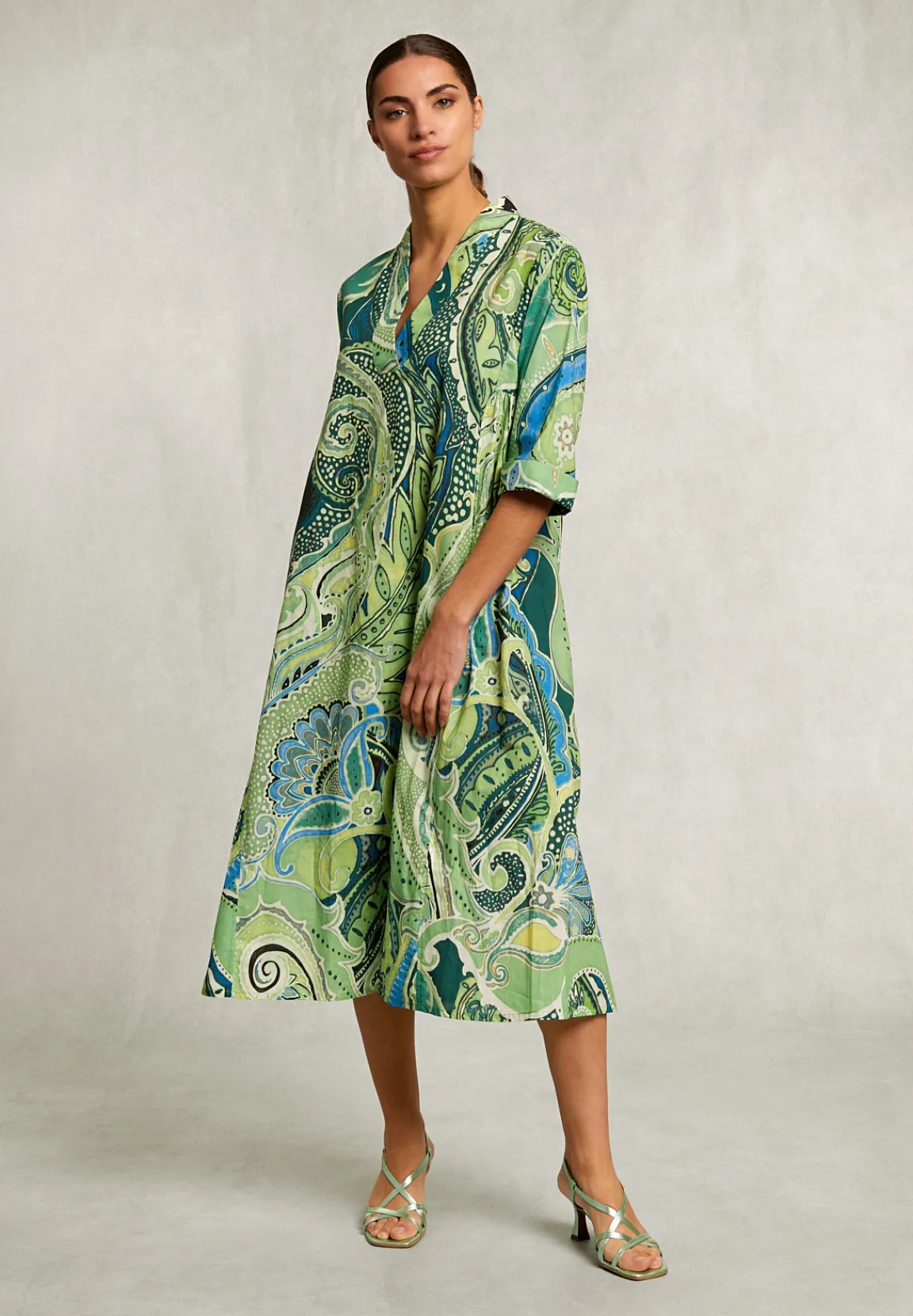 Hot River Woods Blauw/groene fantasie V-hals jurk -