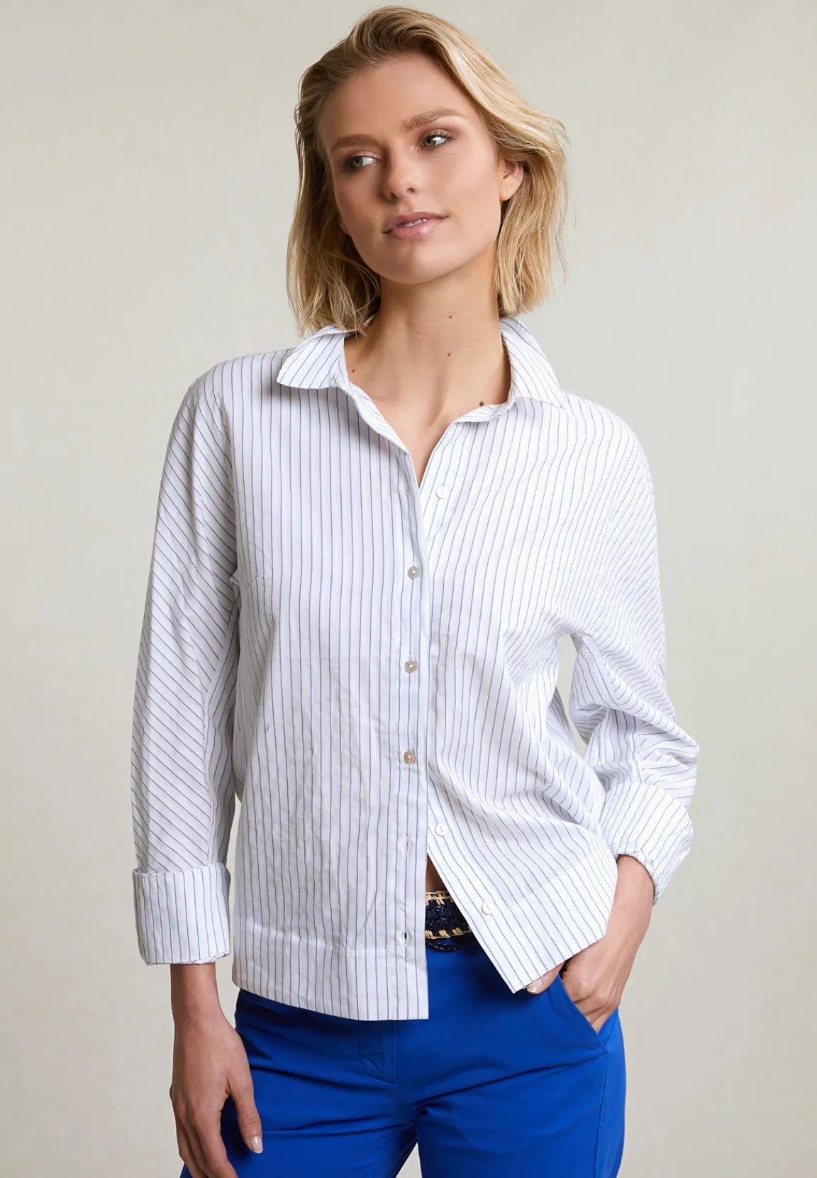 Discount River Woods Blauw/wit geknoopte gestreepte blouse -