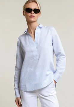 New River Woods Blauw/wit gestreepte V-hals blouse -