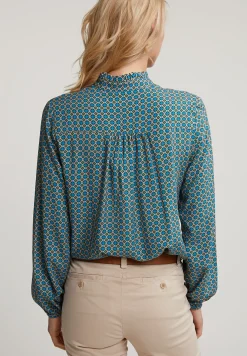 Hot River Woods Bruin/blauwe fantasie blouse kraag met ruches -