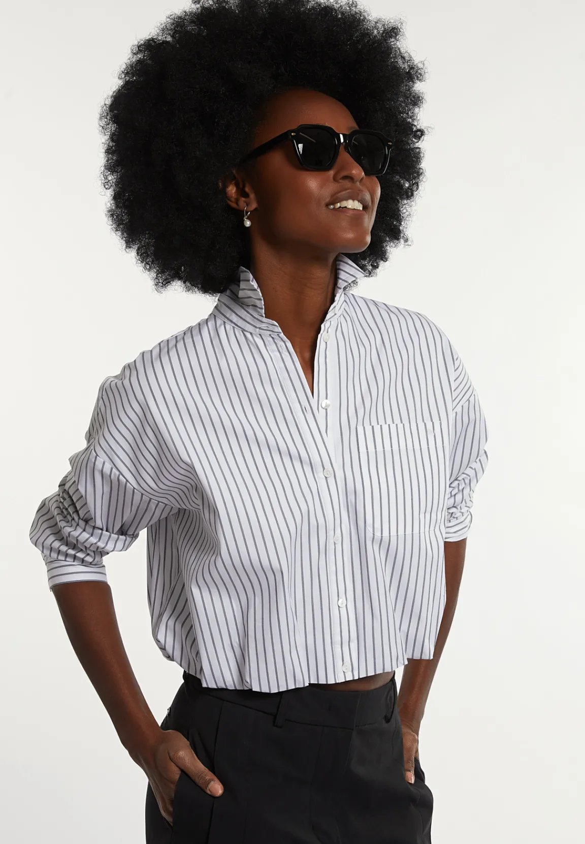 Online River Woods Cropped katoenen blouse elastische taille grijs/wit -