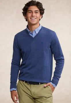 Online River Woods Custom fit basic merino V-hals trui oriental blue mix -
