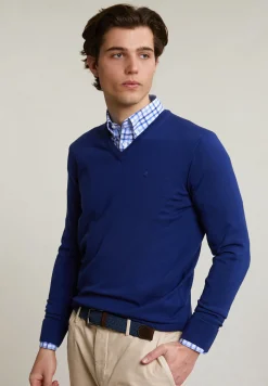Best River Woods Custom fit basic merino V-hals trui yale blue -