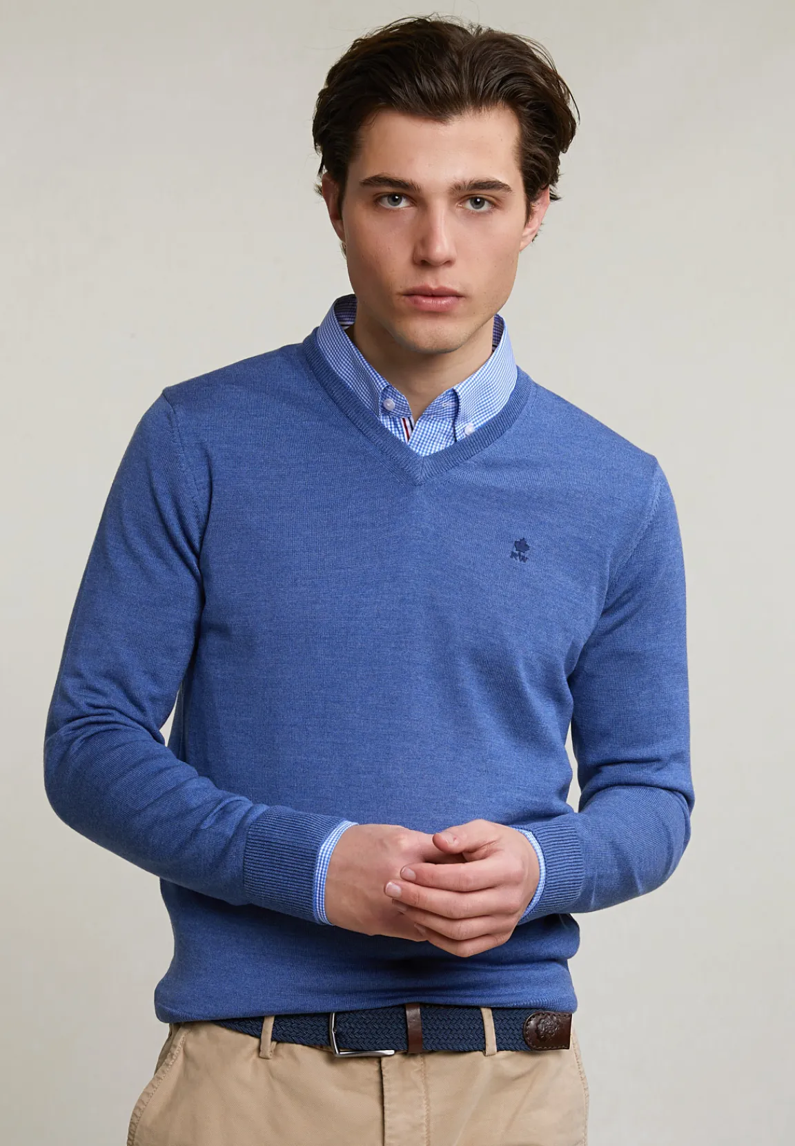 Discount River Woods Custom fit basic merino V-hals trui hamptons blue mix -