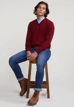 Outlet River Woods Custom fit basic merino V-hals trui red mix -
