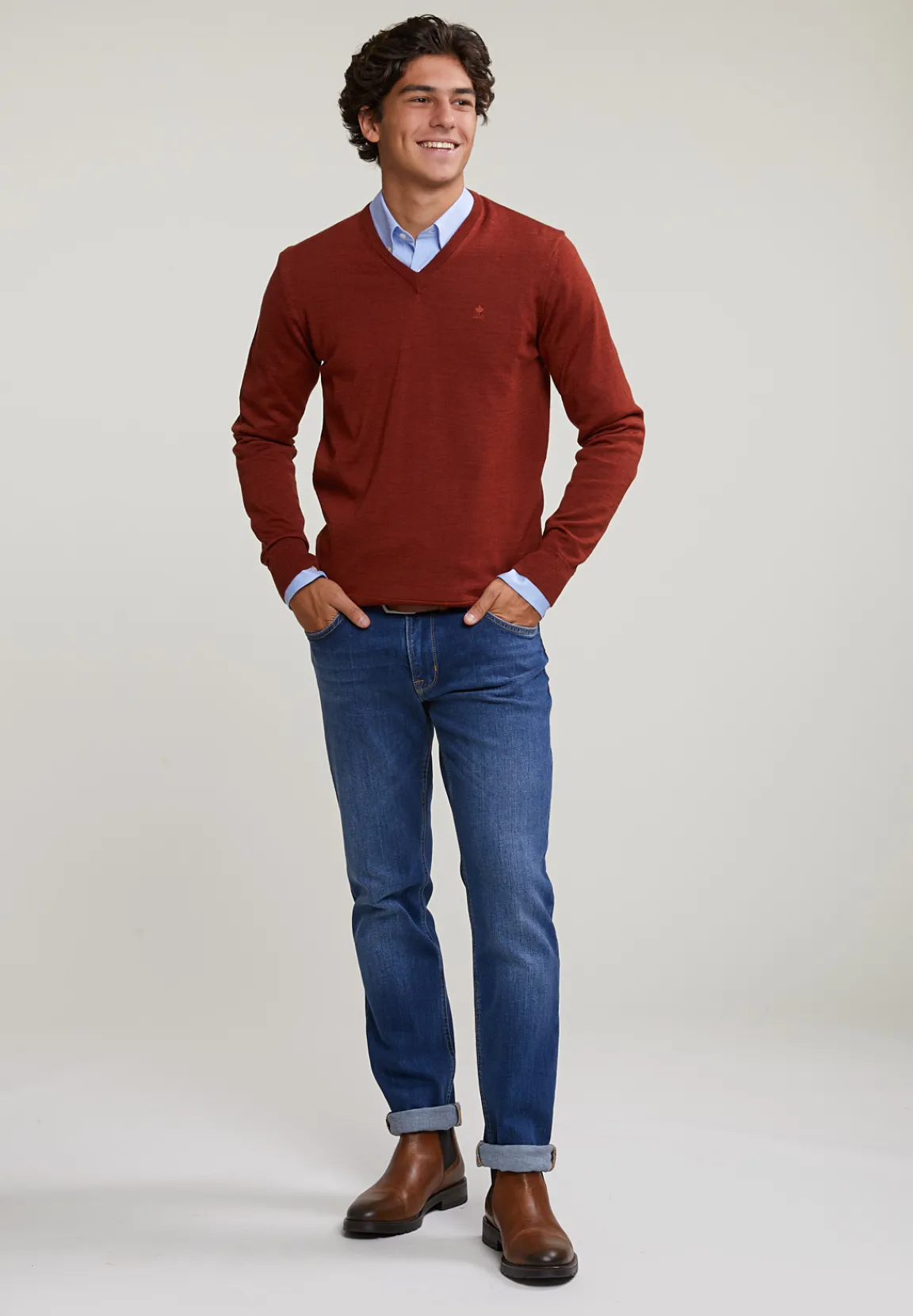 Clearance River Woods Custom fit basic merino V-hals trui negroni mix -