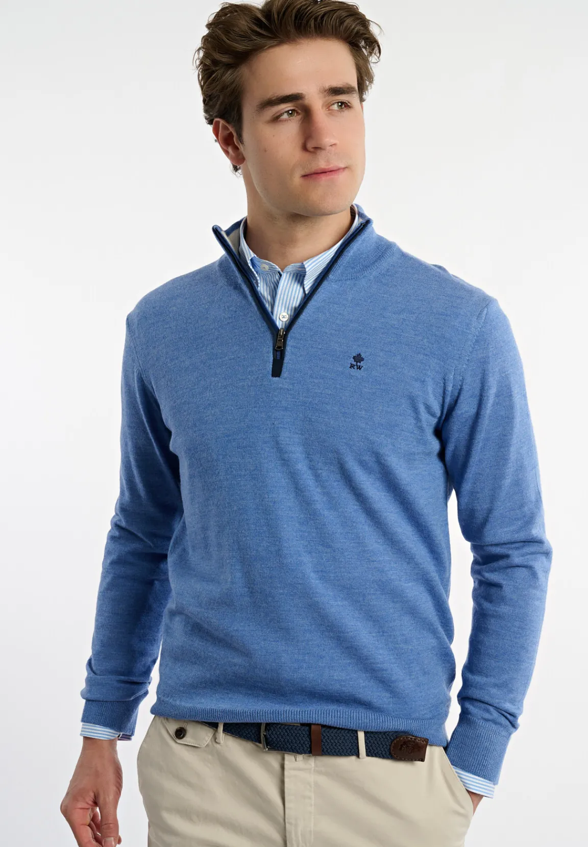 Discount River Woods Custom fit basic merinotrui opstaande kraag persian blue mix -