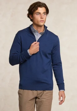 Clearance River Woods Custom fit basic merinotrui halve rits denim blue mix -