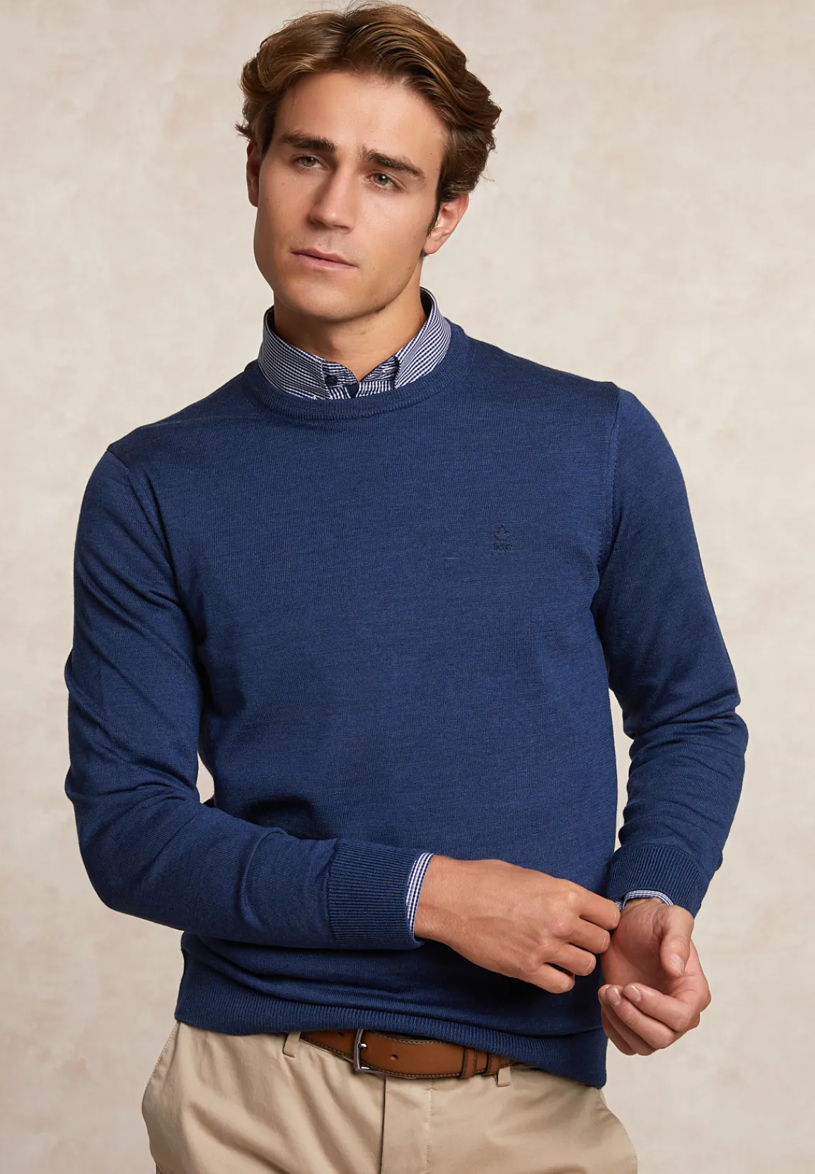 Discount River Woods Custom fit basic merinotrui ronde hals denim blue mix -