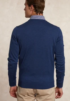 Discount River Woods Custom fit basic merinotrui ronde hals denim blue mix -