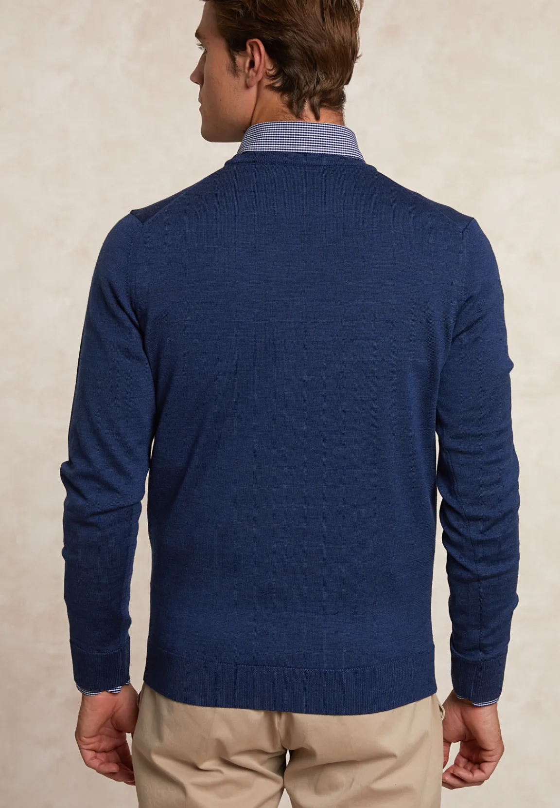 Discount River Woods Custom fit basic merinotrui ronde hals denim blue mix -