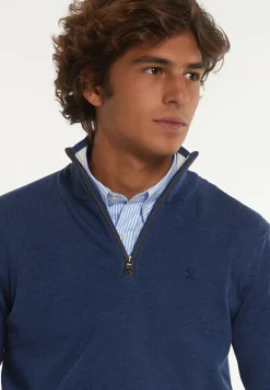 Fashion River Woods Custom fit basic merinotrui opstaande kraag mykonos blue mix -