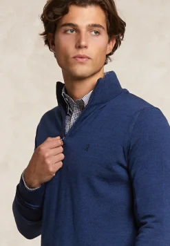 Clearance River Woods Custom fit basic merinotrui halve rits denim blue mix -