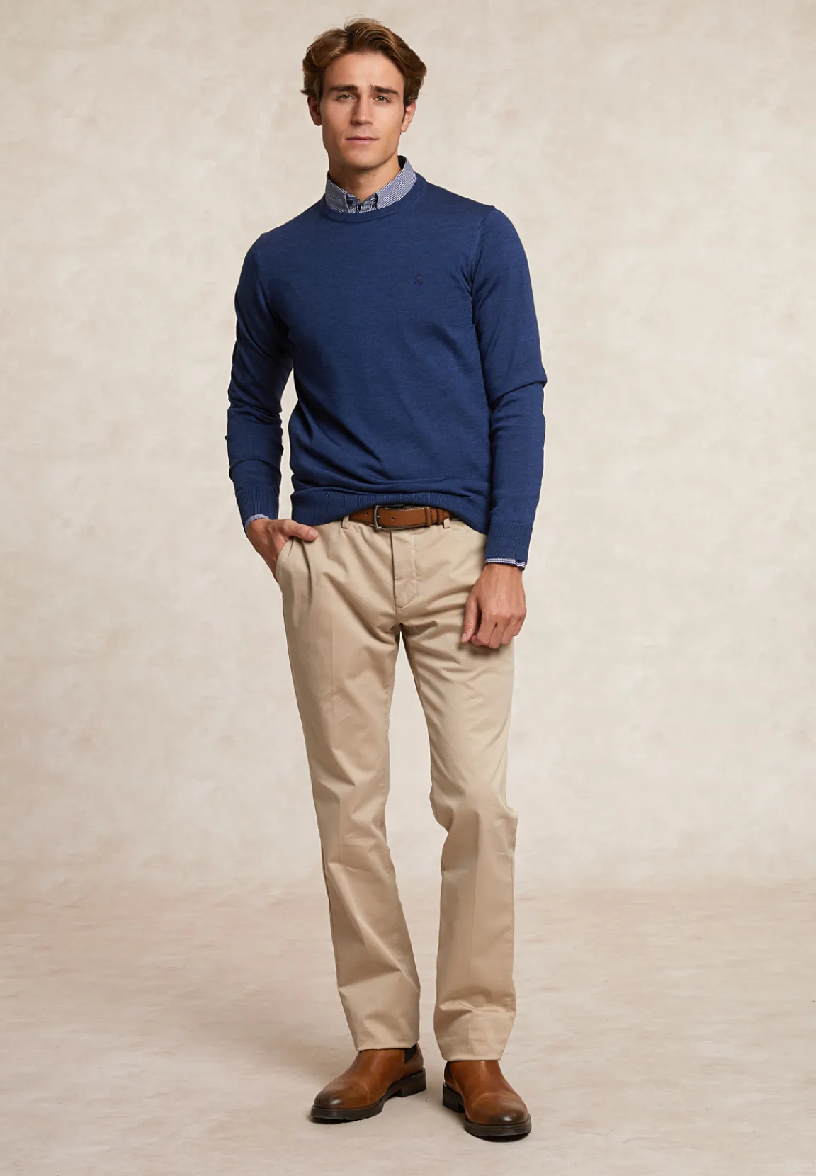 Discount River Woods Custom fit basic merinotrui ronde hals denim blue mix -