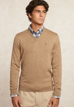 Discount River Woods Custom fit basic V-hals merinotrui cashew mix -