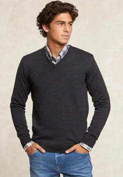 New River Woods Custom fit basic V-hals merinotrui charcoal mix -