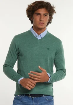Fashion River Woods Custom fit basic V-hals merinotrui lt opal green mix -