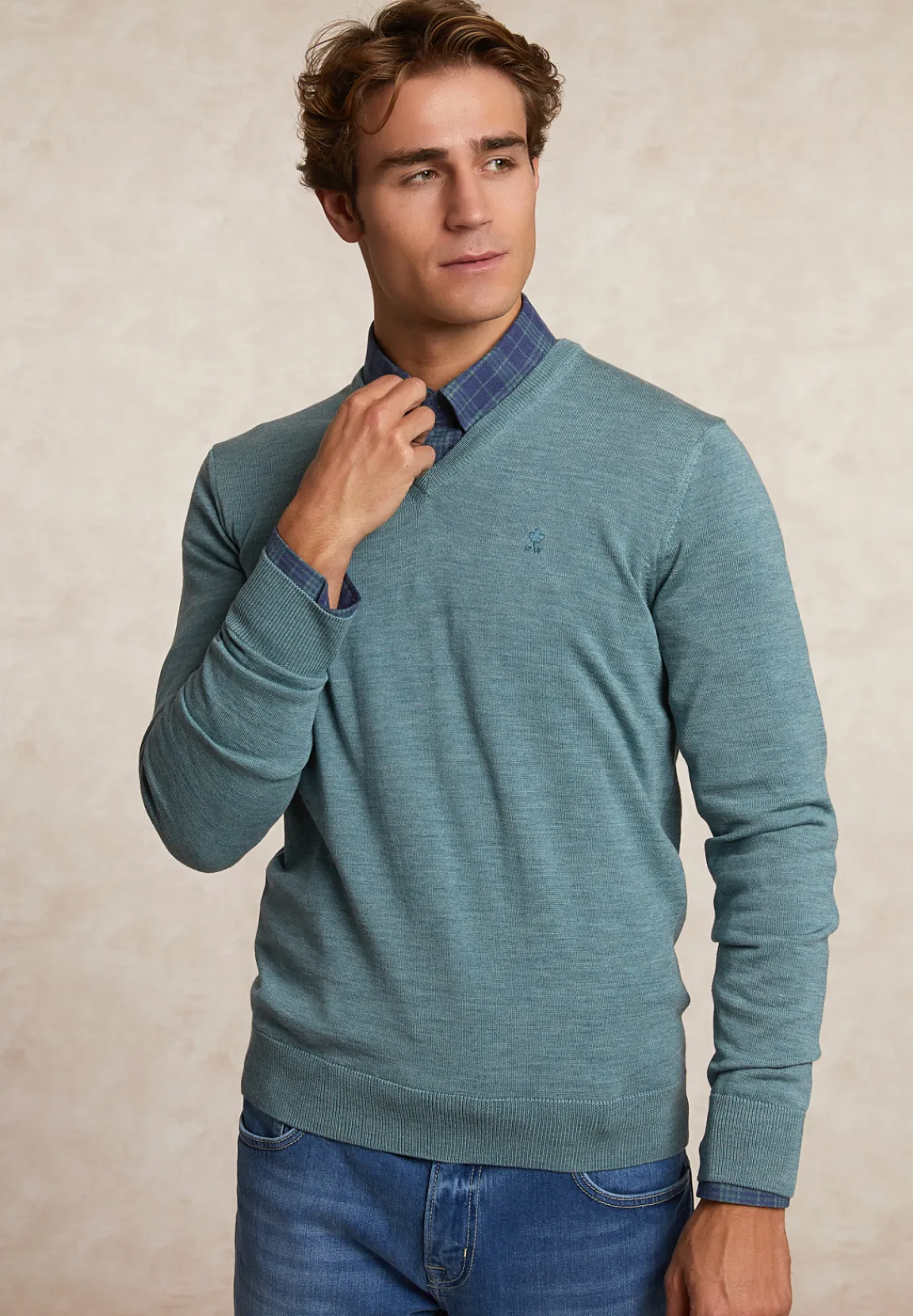 Fashion River Woods Custom fit basic V-hals merinotrui jade green mix -