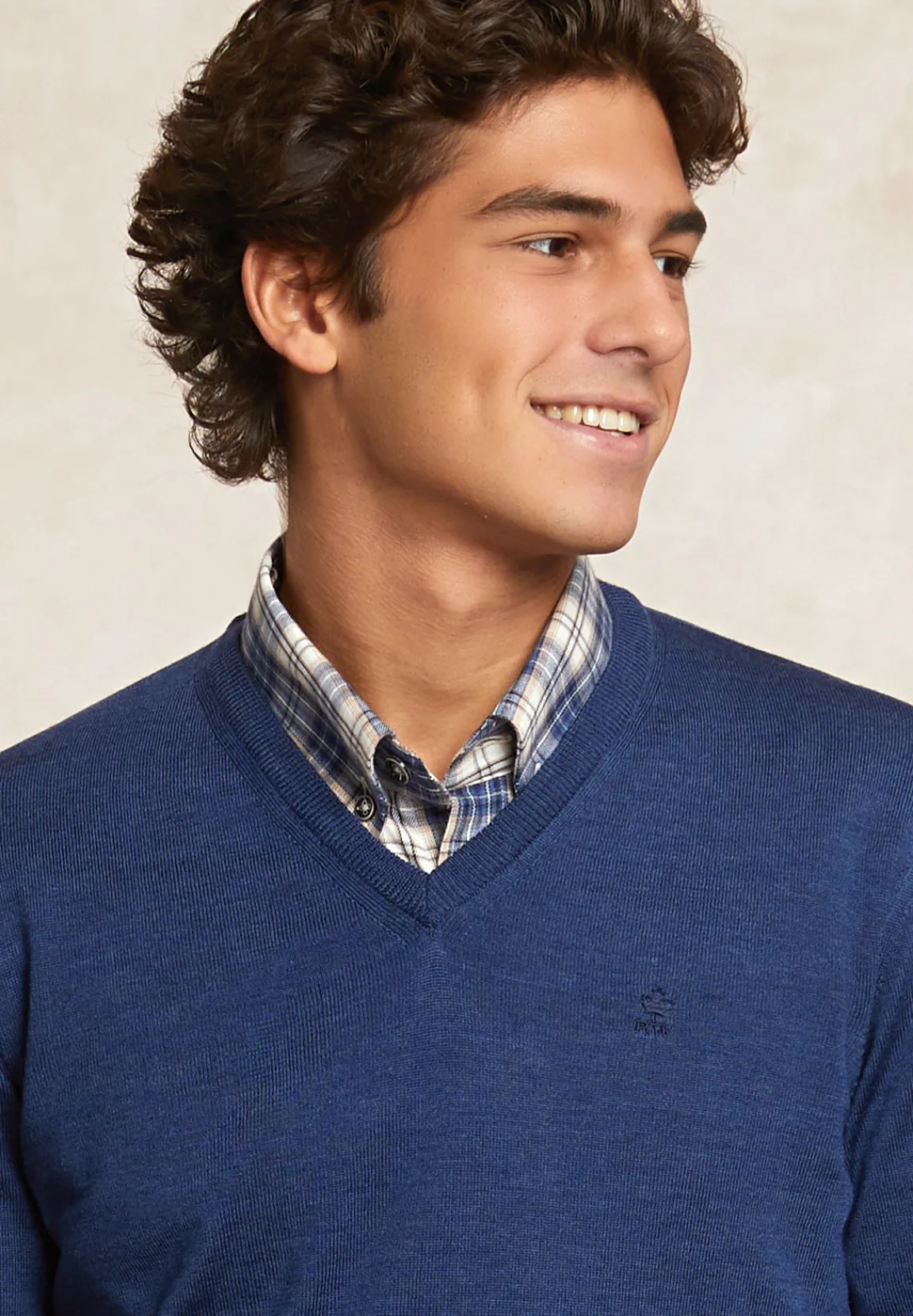 Outlet River Woods Custom fit basic V-hals merinotrui denim blue mix -