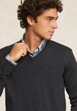 New River Woods Custom fit basic V-hals merinotrui charcoal mix -