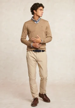 Discount River Woods Custom fit basic V-hals merinotrui cashew mix -