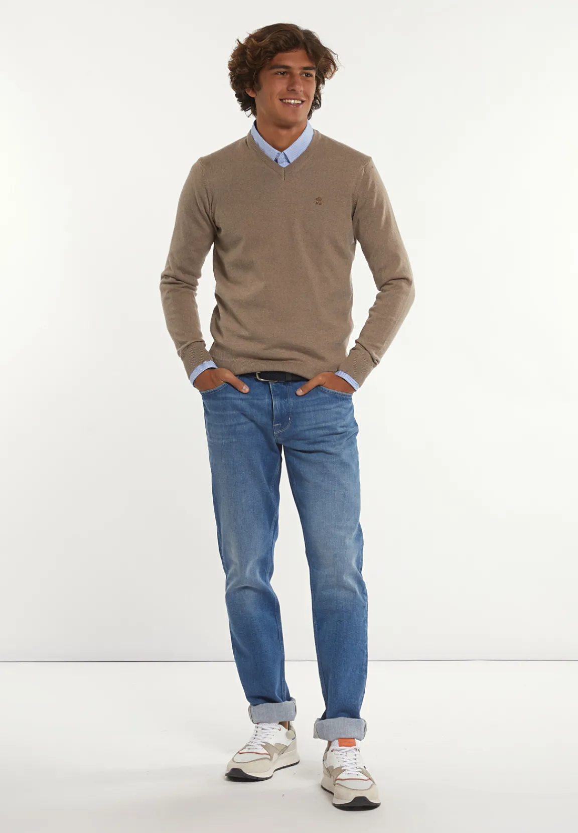 Sale River Woods Custom fit basic V-hals merinotrui earth mix -