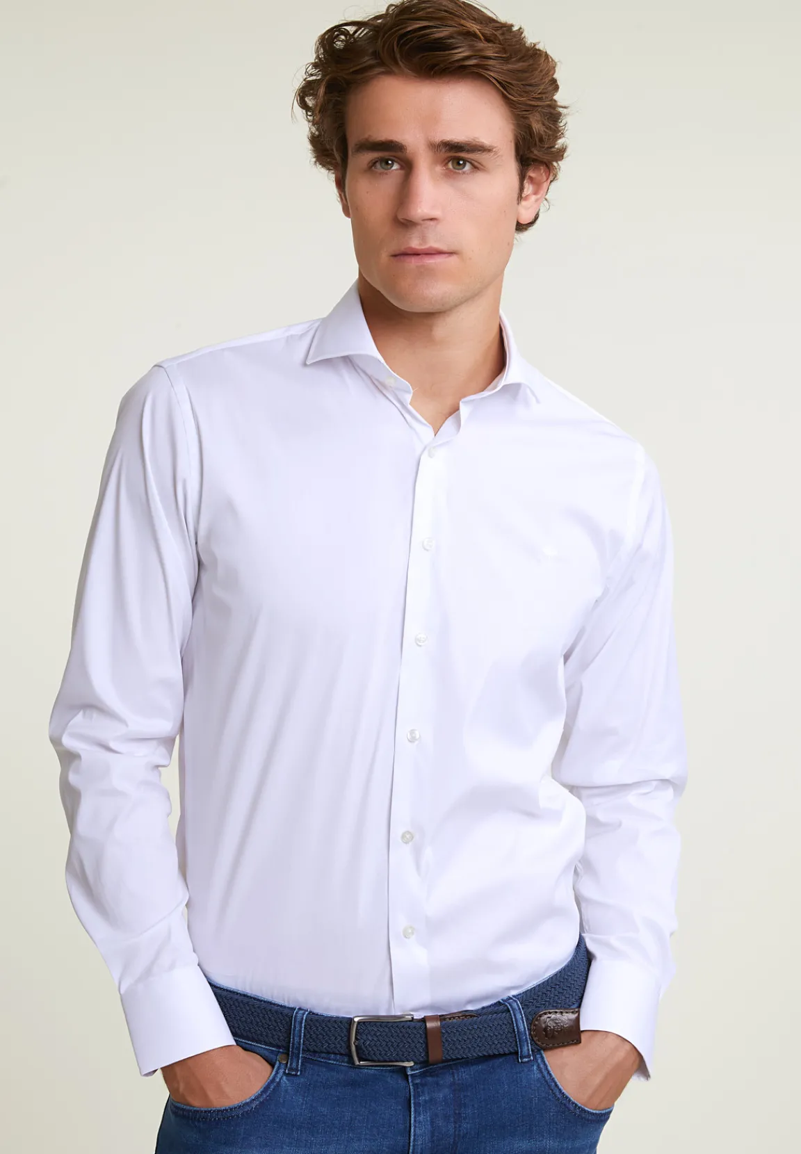 Hot River Woods Custom fit effen hemd performance stretch wit -