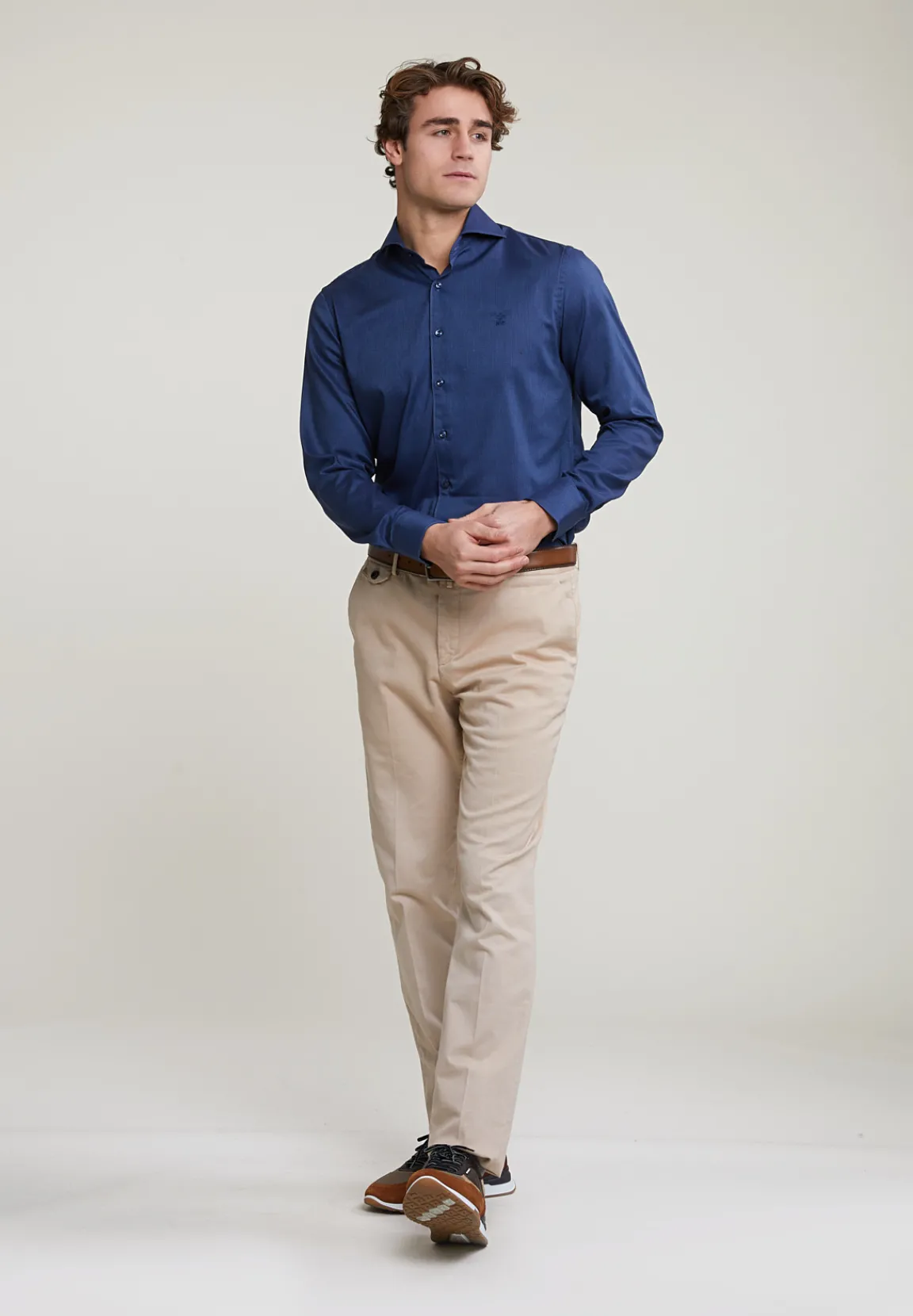 Fashion River Woods Custom fit effen stretch hemd blauw -