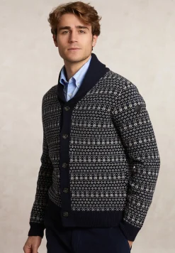 New River Woods Custom fit fancy zuivere scheerwol cardigan navy -