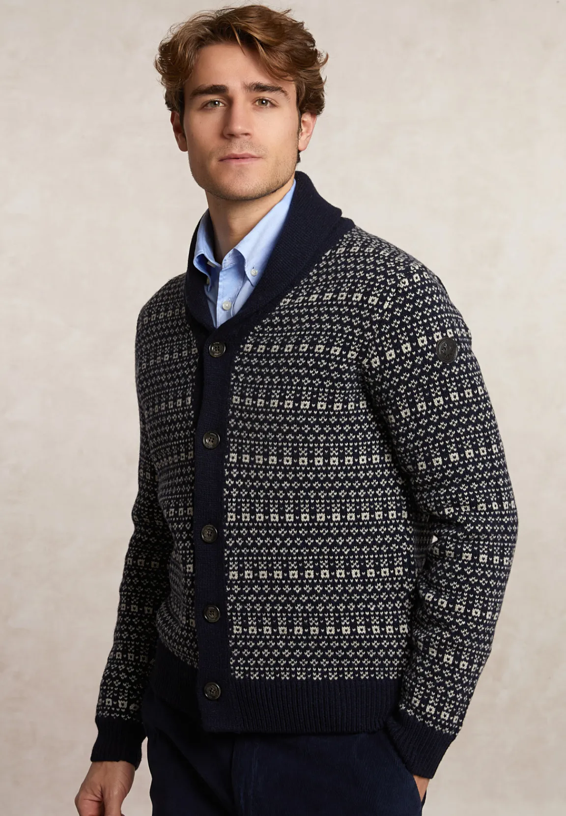 New River Woods Custom fit fancy zuivere scheerwol cardigan navy -