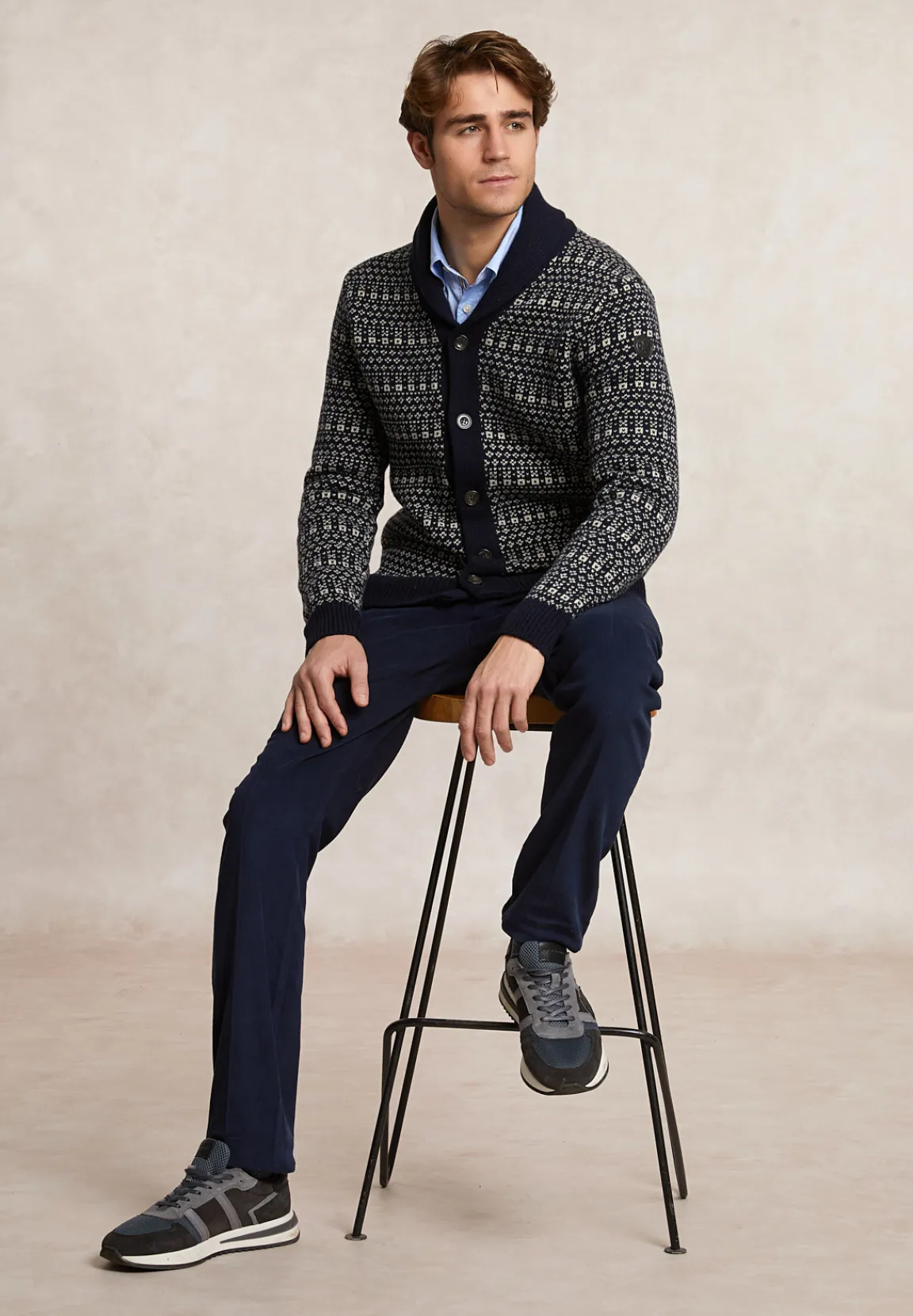 New River Woods Custom fit fancy zuivere scheerwol cardigan navy -