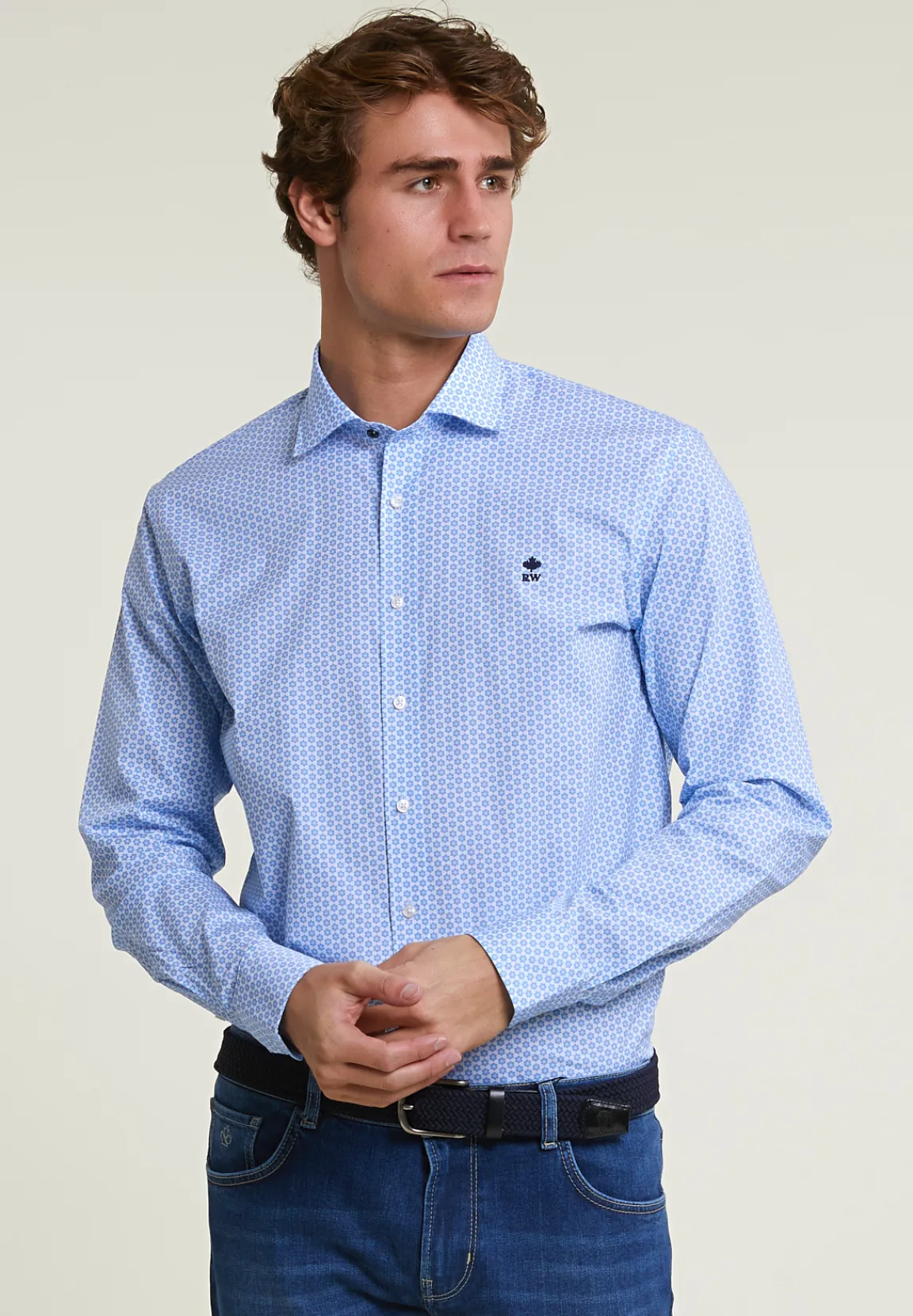 Best River Woods Custom fit gebloemde comfort stretch hemd blauw/wit -