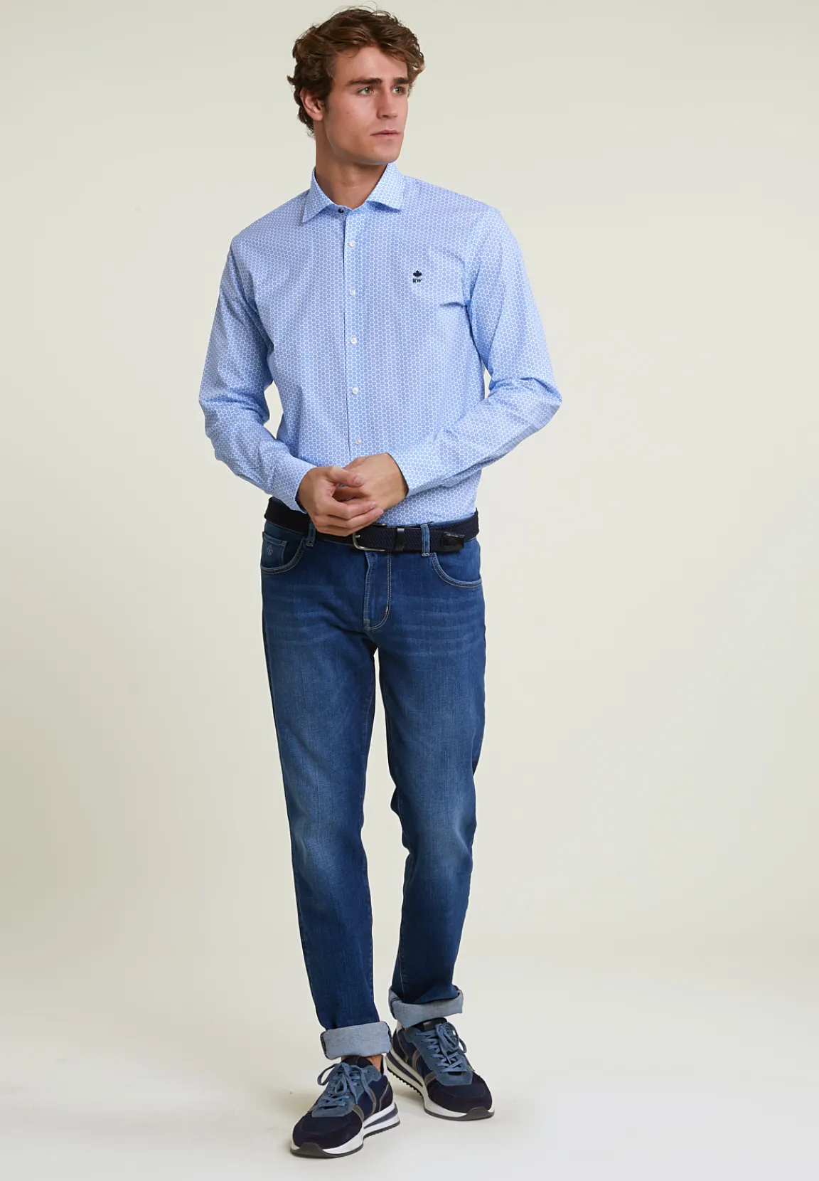 Best River Woods Custom fit gebloemde comfort stretch hemd blauw/wit -