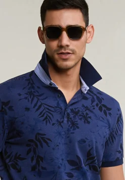 Best River Woods Custom fit gebloemde stretch polo blauw -