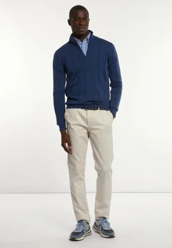 Fashion River Woods Custom fit geribde merinotrui opstaande kraag mykonos blue mix -