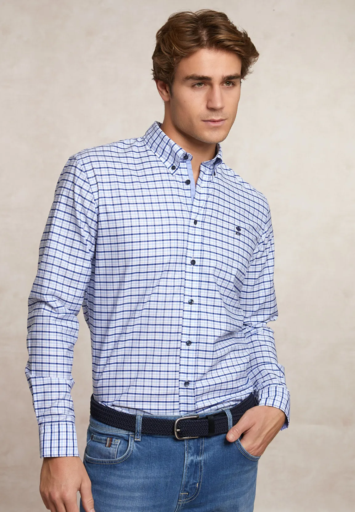 Fashion River Woods Custom fit geruit comfort stretch hemd blauw/wit -