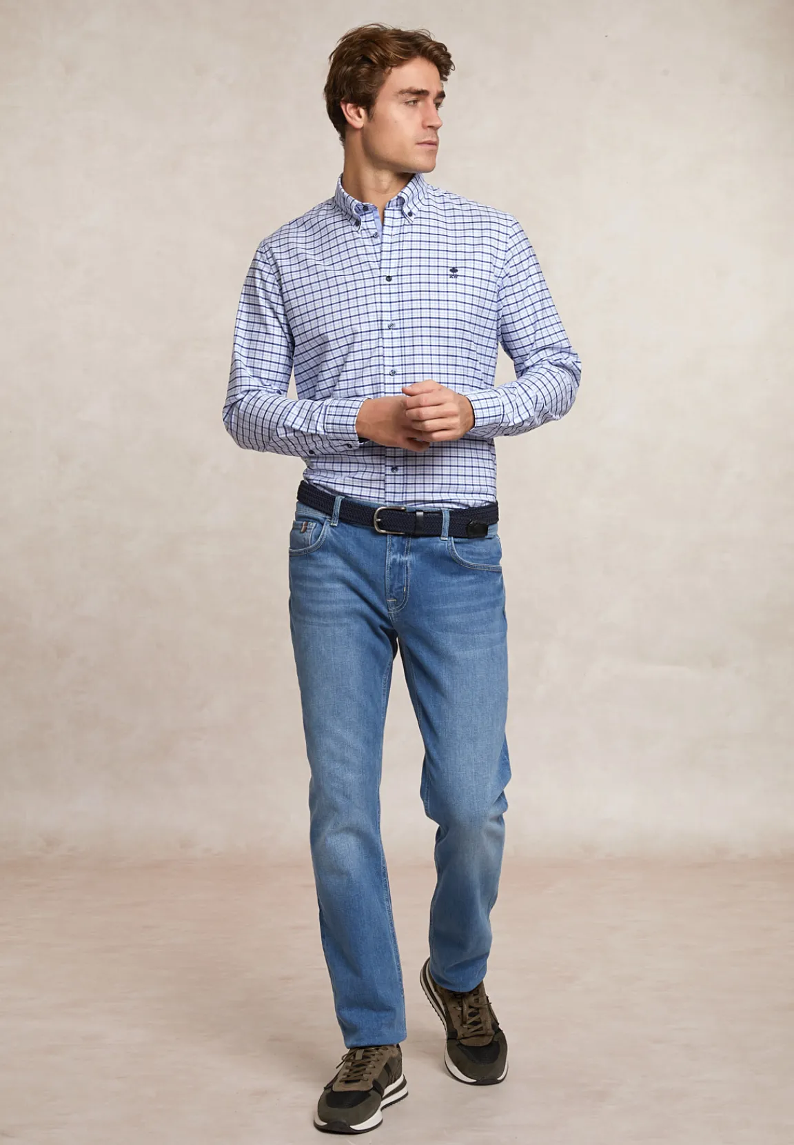 Fashion River Woods Custom fit geruit comfort stretch hemd blauw/wit -
