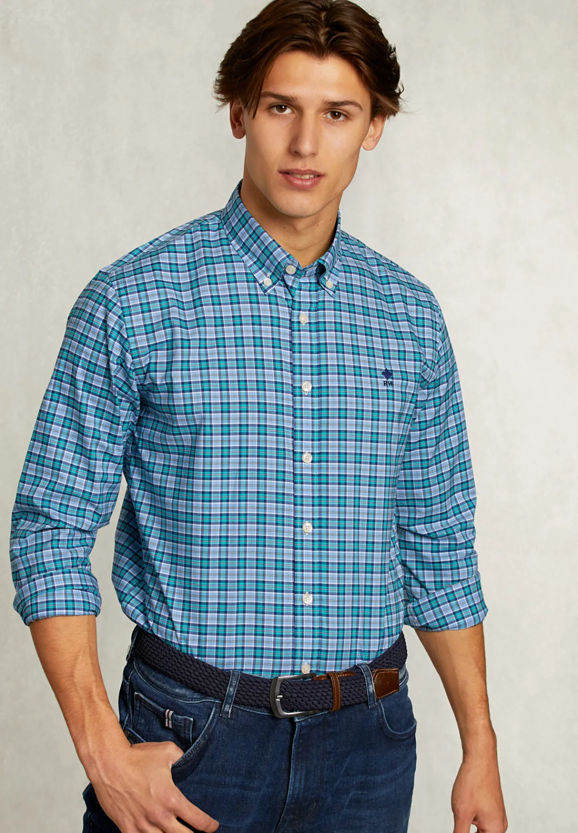 Fashion River Woods Custom fit geruit hemd blauw/groen -