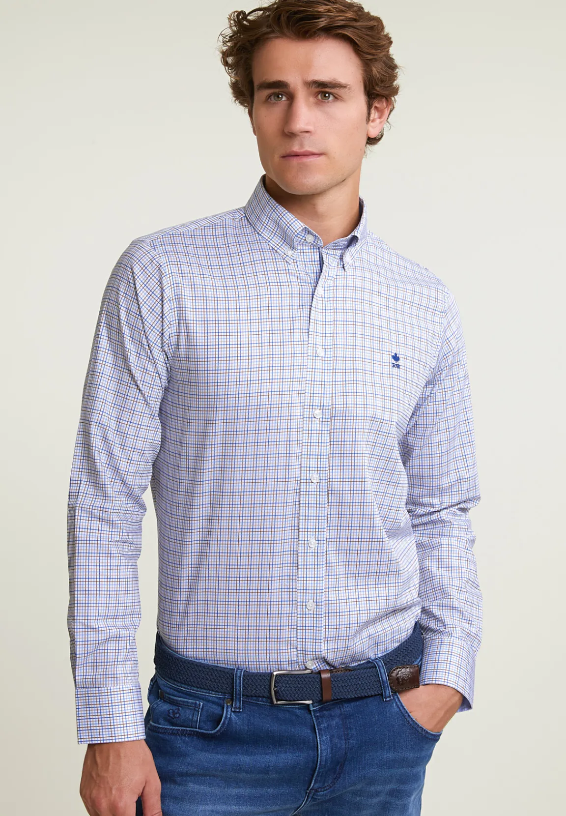 Best River Woods Custom fit geruit hemd blauw/beige -