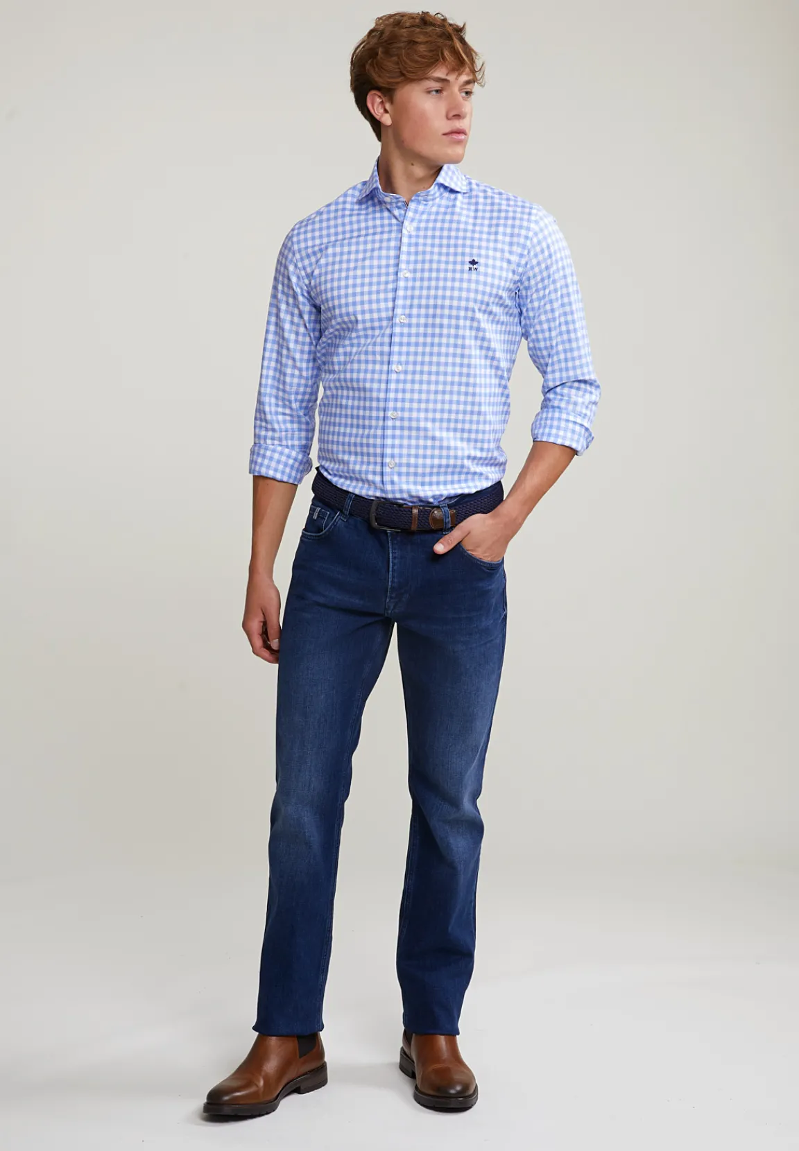 Online River Woods Custom fit geruit hemd blauw/wit -