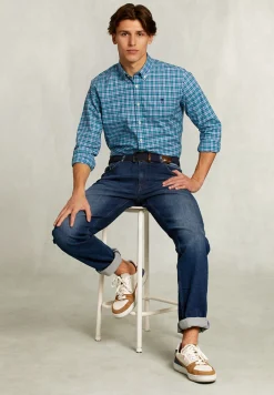 Fashion River Woods Custom fit geruit hemd blauw/groen -